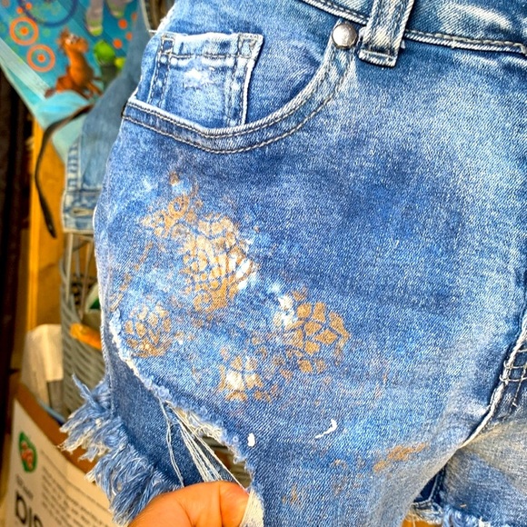 Upcycled Denim Shorts Unique Skater Streetwear Y2K Painted Embroidered Art Wear - Picture 6 of 11